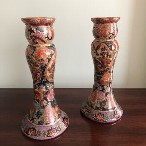 CANDLE STICK HOLDER SATSUMA ORIENTAL JAPANESE INSPIRED VINTAGE DECOR